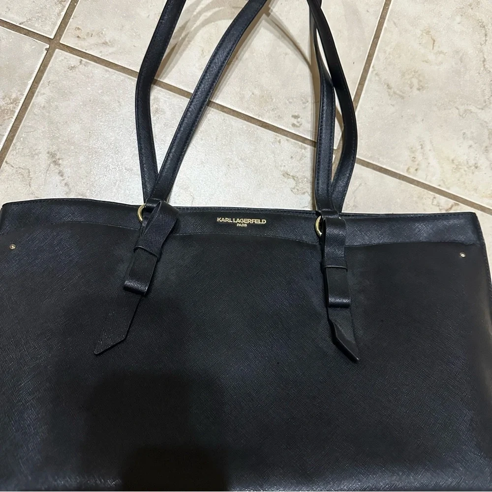 Karl Lagerfeld Paris Black Leather Tote Bag Saffiano Gold Hardware Large Handbag